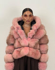 Pelliccia in volpe rosa N57 - bomber in volpe taglio orizzontale con inseriti in pelle