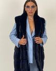 Pelliccia in visone blu N94 - gilet in visone blu, taglio orizzontale - NUOVO
