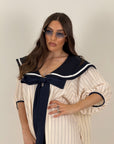 Abito Marin - abito corto fantasia gessata con collo sciallato con fiocco - collezione chic