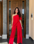 Traje Greta - Traje Monospalla con pantalones laterales Rouche y Palazzo