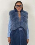 Pelliccia in visone con collo in volpe N93 - gilet in visone Celeste finto Smanicato taglio orizzontale in volpe NUOVO