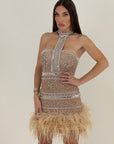 Abito Kasia - abito corto in Swarovski e perline con piume sul finale