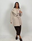 Trench Luna - cappotto corto in panno con collo sciallato e cintura in vita