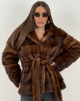 Pelliccia in visone Demi buff N05 - taglio orizzontale con cappuccio - modello accappatoio cioccolato- taglio lungo - top quality