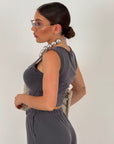 Cordset GREY - completo composto da top corto, bottoni e pantalone palazzo