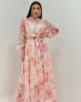 Abito NAIRA - abito lungo in chiffon fantasia a fiori rosa e pesca - collezione chic
