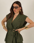 Tailleur SAPRI - tailleur giacca giro manica con cintura in vita e pantaloni palazzo - fantasia gessata