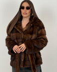 Pelliccia in visone Demi buff N05 - taglio orizzontale con cappuccio - modello accappatoio cioccolato- taglio lungo - top quality