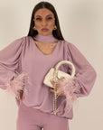 Cordset EMINE - Completo blusa con piume e pantalone - completo sartoriale