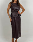 Cordset Zenny - completo composto da blusa in ecopelle con cintura in vita e gonna longuette top quality