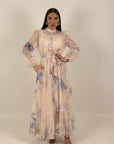 Abito lungo ciclamino - abito lungo in chiffon con fiori celeste e bianco - collezione chic