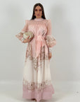 Abito golden - abito lungo con a palloncino e polsino- gonna lunga con balze e cinture in organza nel punto vita- Best Seller della collezione chic