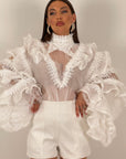 Camicia WHITE - camicia con trasparenze, pizzo e rouche
