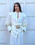 Cordset MOODS - Tailleur in lino camicia lunga con laccio per regolarne il punto vita e pantalone vita alta modello a palazzo