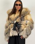 Pelliccia in volpe N213 - GOLDEN ISLAND - top quality - nuova - taglio a spiga con cappuccio e cintura