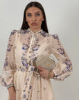 Abito LILA - abito corto, collezione chic, fantasia fiori base champagne con fiori lilla e Swarovski - collezione chic