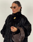 Pelliccia in visone Black N09 - cappotto lungo in visone con bottone oro - rigenerata