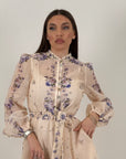 Abito LILA - abito corto, collezione chic, fantasia fiori base champagne con fiori lilla e Swarovski - collezione chic