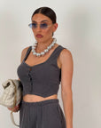 Cordset GREY - completo composto da top corto, bottoni e pantalone palazzo