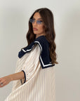 Abito Marin - abito corto fantasia gessata con collo sciallato con fiocco - collezione chic