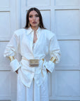 Cordset MOODS - Tailleur in lino camicia lunga con laccio per regolarne il punto vita e pantalone vita alta modello a palazzo