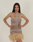 Abito Kasia - abito corto in Swarovski e perline con piume sul finale