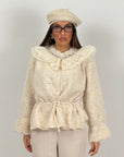 Maglia simil lana con collo in chiffon e Swarovski