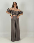 Cordset GIUGNO - completo in satin top a barca con pantalone plissettato effetto seta