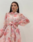 Abito NAIRA - abito lungo in chiffon fantasia a fiori rosa e pesca - collezione chic