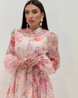 Abito NAIRA - abito lungo in chiffon fantasia a fiori rosa e pesca - collezione chic