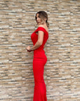Abito lungo a sirena - scollo a barca - tessuto elasticizzato - rosso - Jiumir