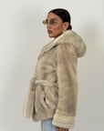 Pelliccia in visone crema N64 - Giacca in visone modello accappatoio con cappuccio Top quality