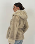 Pelliccia in visone crema N64 - Giacca in visone modello accappatoio con cappuccio Top quality