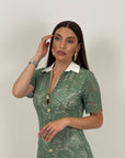 SALDO Abito Chicca- abito longuette in pizzo con bottoni dorati e colletto, effetto camicia