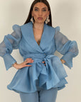Tailleur MARYS - Tailleur sartoriale giacca in organza con cintura fascia larga nel punto vita e pantalone a zampa - top quality