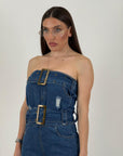 Tuta GERRY - Tuta intera di jeans scollo a fascia con doppia cintura