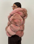 Pelliccia in volpe rosa N57 - bomber in volpe taglio orizzontale con inseriti in pelle