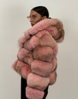 Pelliccia in volpe rosa N57 - bomber in volpe taglio orizzontale con inseriti in pelle