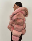 Pelliccia in volpe rosa N57 - bomber in volpe taglio orizzontale con inseriti in pelle