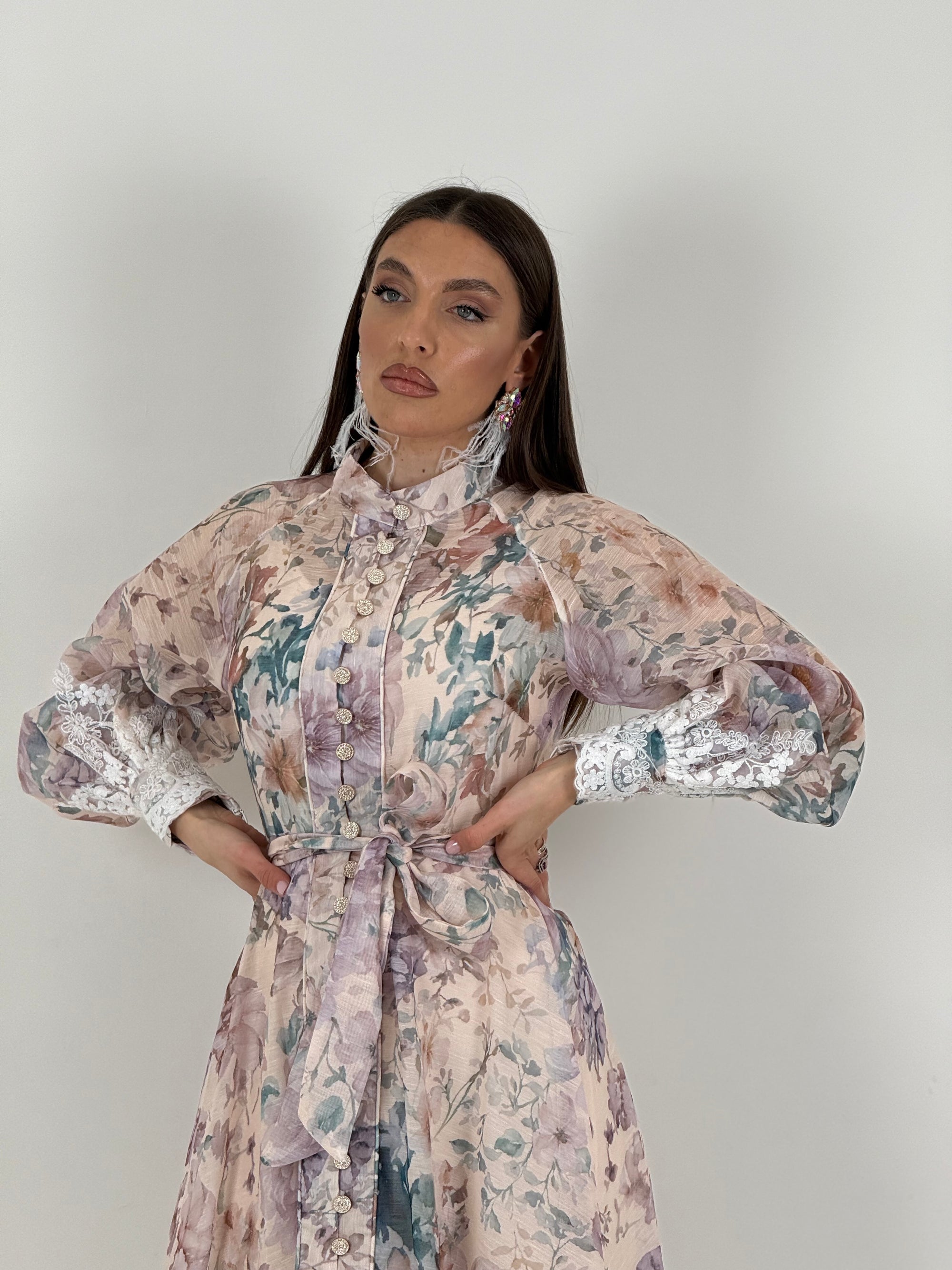 Abito MAESTÀ - abito in chiffon fantasia fiori con inserti in pizzo - collezione chic