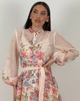 Abito Daniela - abito lungo fantasia fiori con manica lunga a palloncino e bottoni gioiello - collezione chic