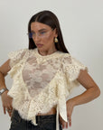 Camicia corta in pizzo con fiocchi laterali e contorno in pizzo francese sfrangiato