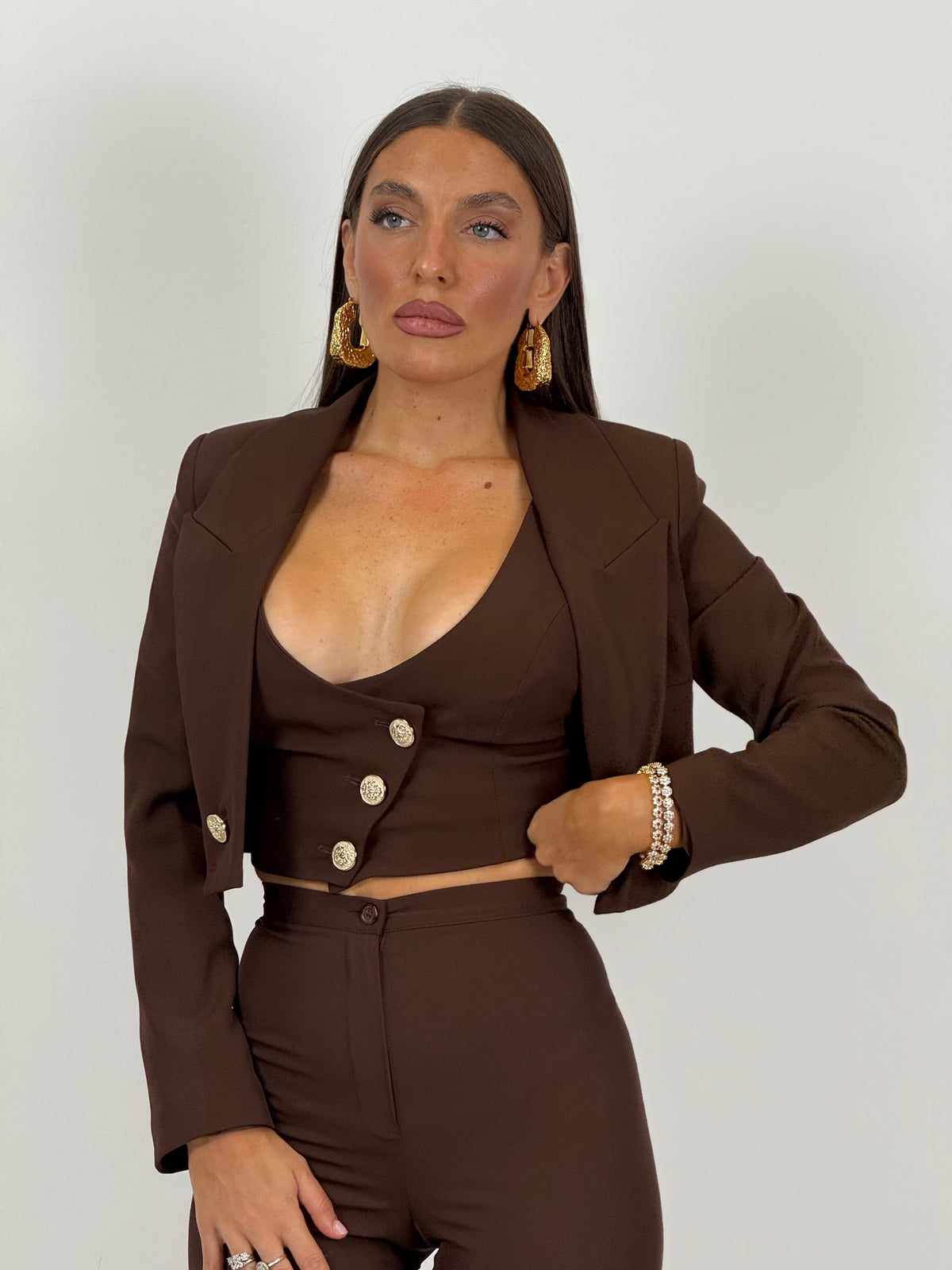 SALDO Tailleur VIOLANTE - Tailleur sartoriale 3 pezzi panciotto giacca corta e pantalone effetto guaina a zampa