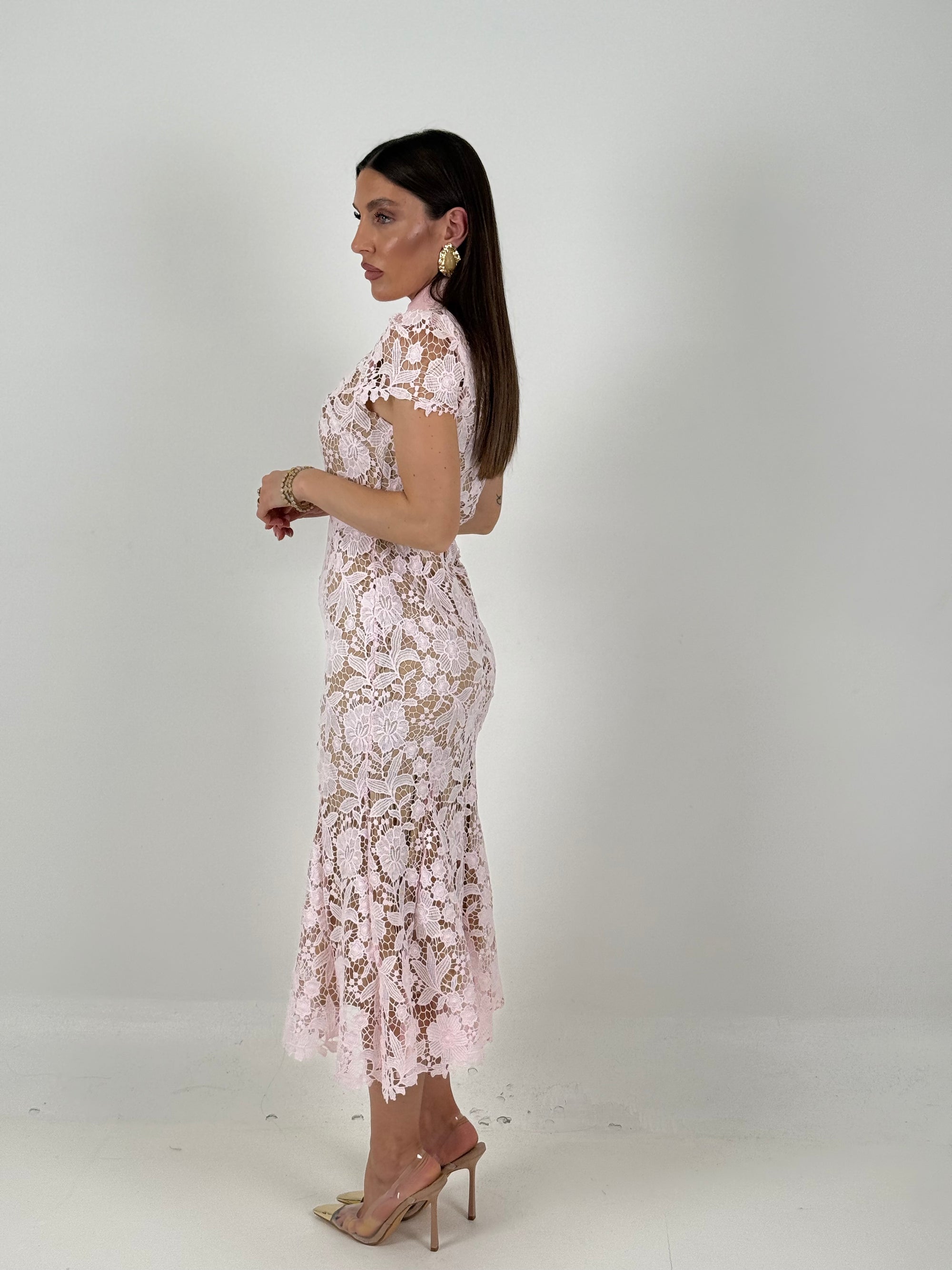 ABITO MOET - abito longuette in pizzo con collo effetto camicia e cintura nel punto vita - collezione chic