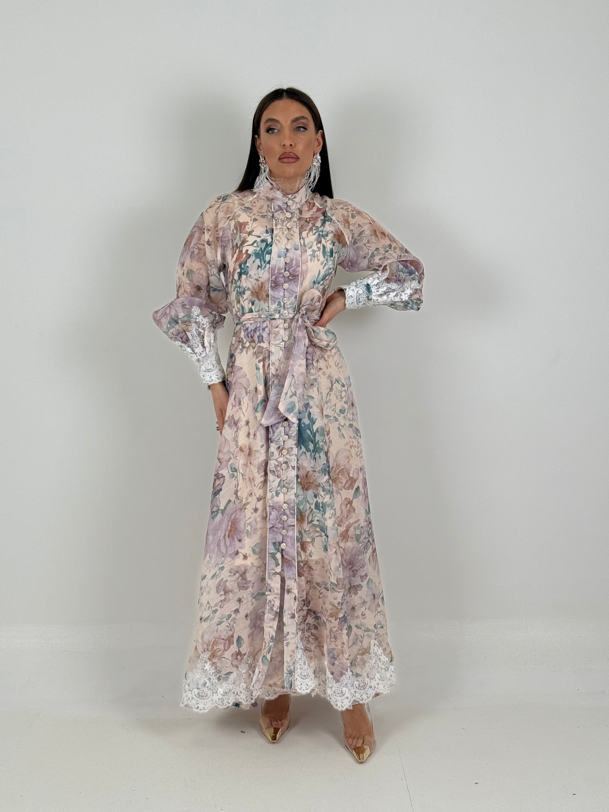 Abito MAESTÀ - abito in chiffon fantasia fiori con inserti in pizzo - collezione chic