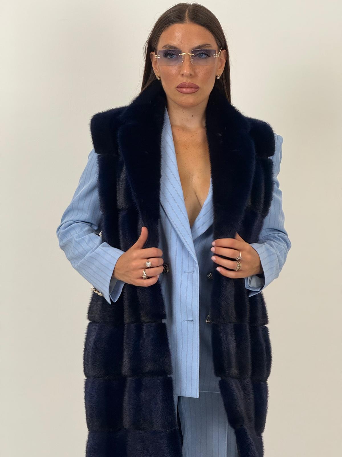 Pelliccia in visone blu N94 - gilet in visone blu, taglio orizzontale - NUOVO