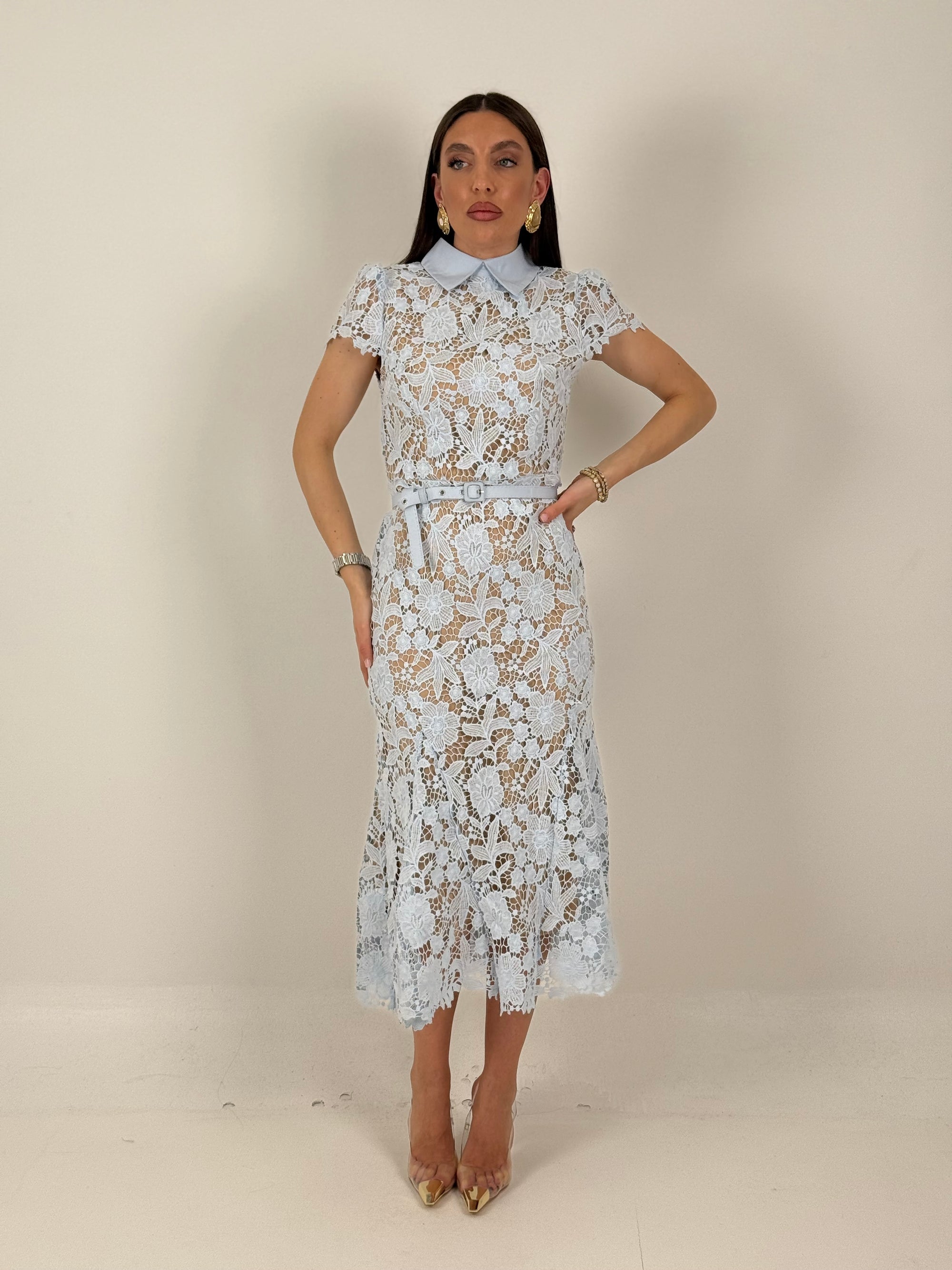 ABITO MOET - abito longuette in pizzo con collo effetto camicia e cintura nel punto vita - collezione chic