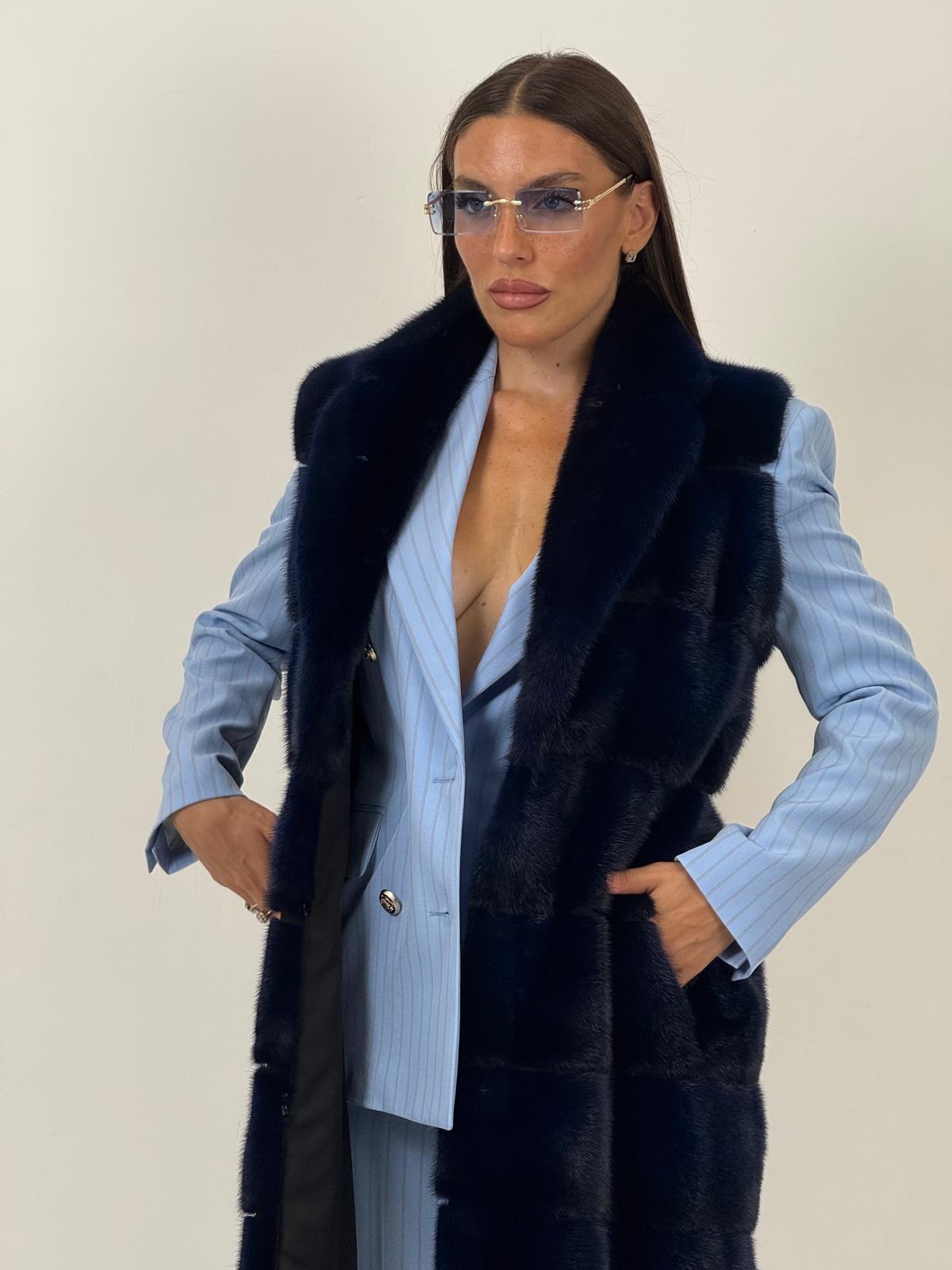 Pelliccia in visone blu N94 - gilet in visone blu, taglio orizzontale - NUOVO