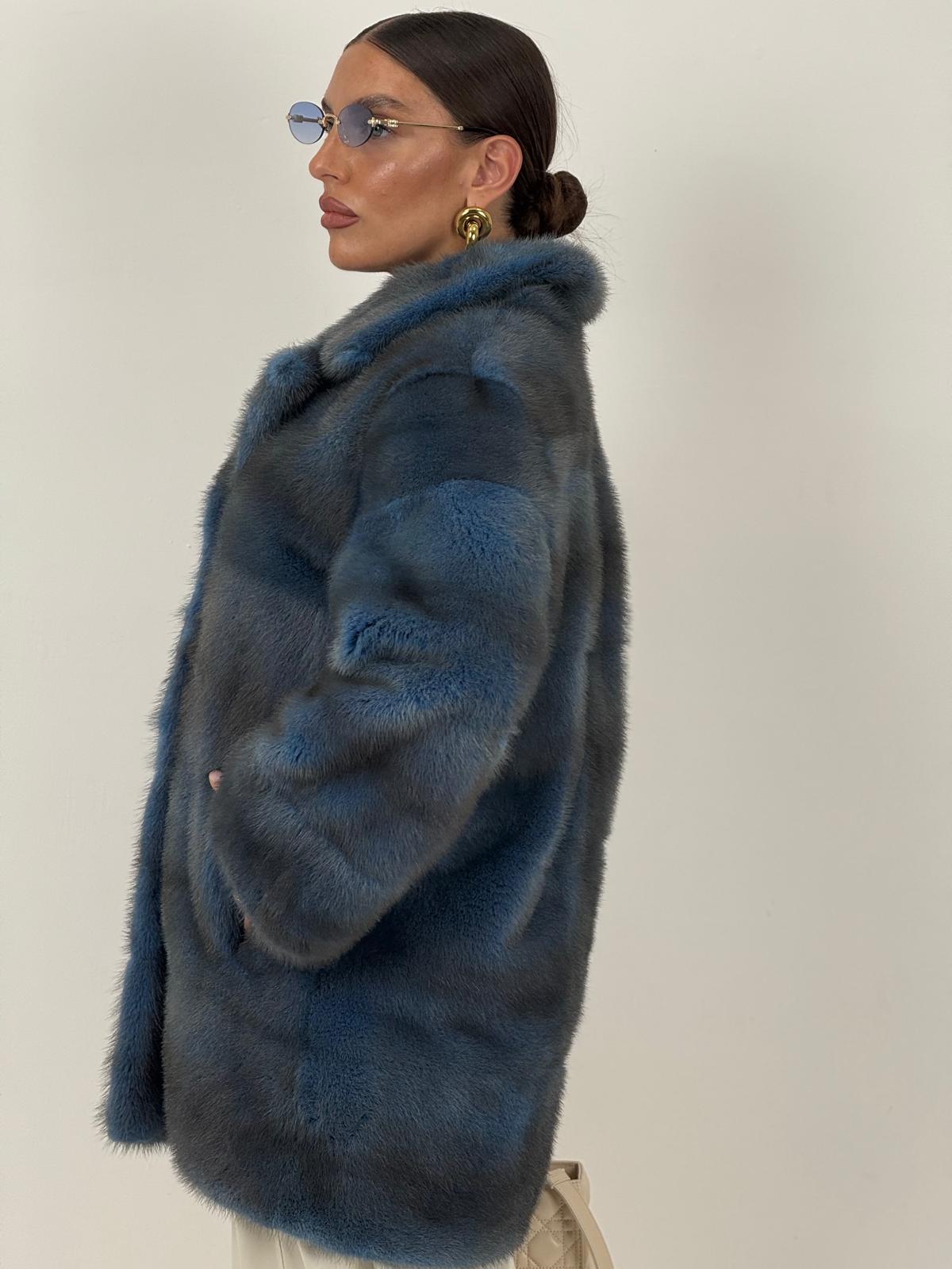 Pelliccia in visone blu N49 - cappotto in visone blu - taglio orizzontale- top quality - NUOVO
