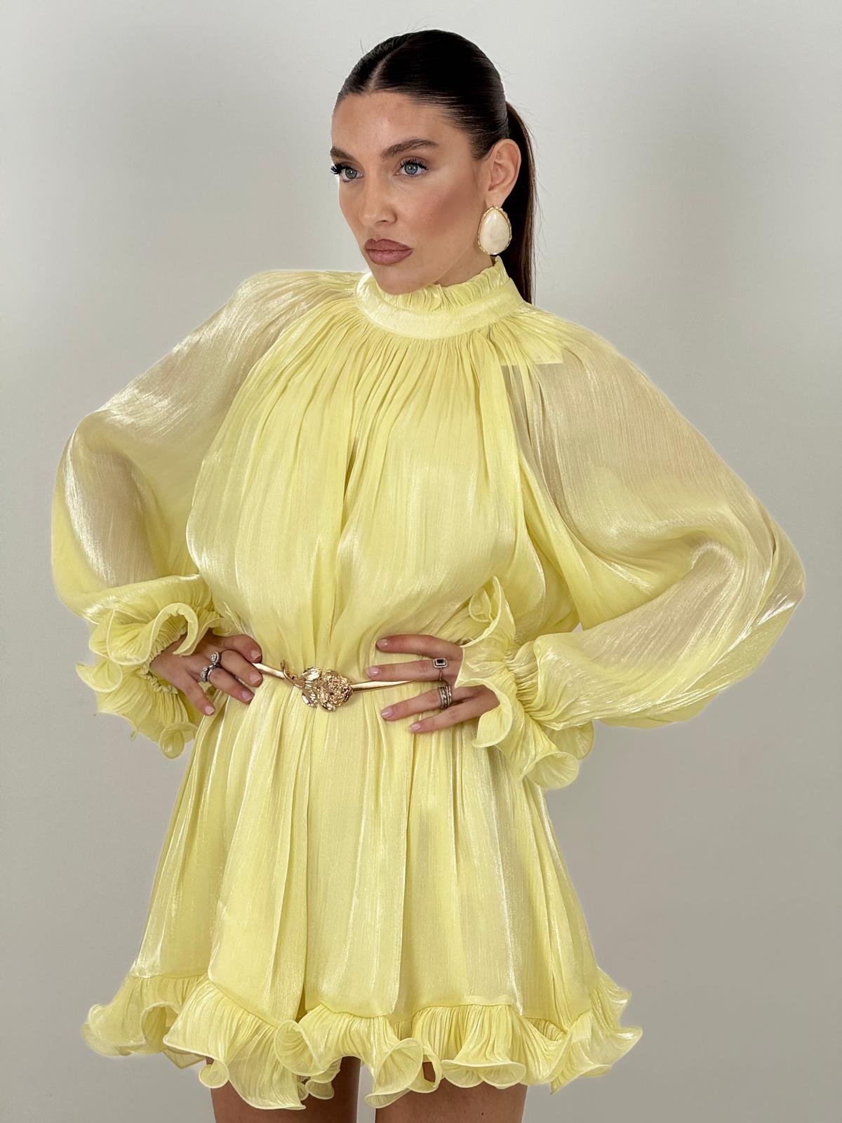 Abito garofano- Abito, effetto sirena con manica a campana e gonna a ruota - tessuto drappeggiato - collezione chic